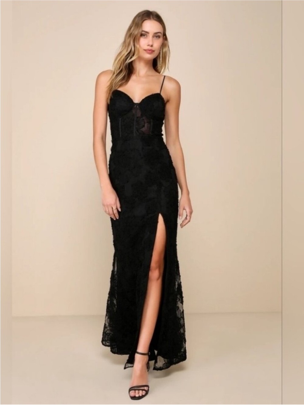 Lulu's Black Lace Corset Maxi Dress with Thigh Slit